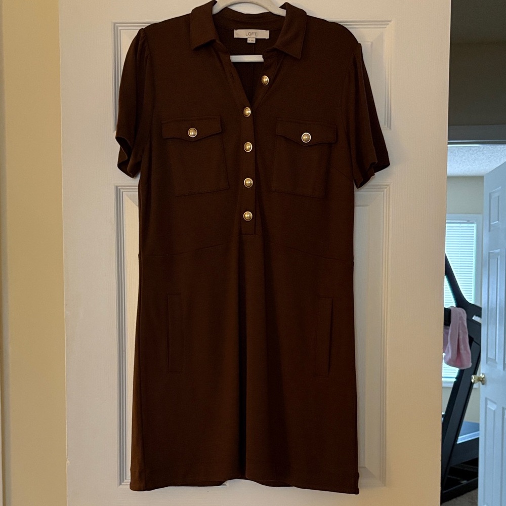 LOFT Brown Short Sleeve Button-Front Shirt Dress with Gold Buttons